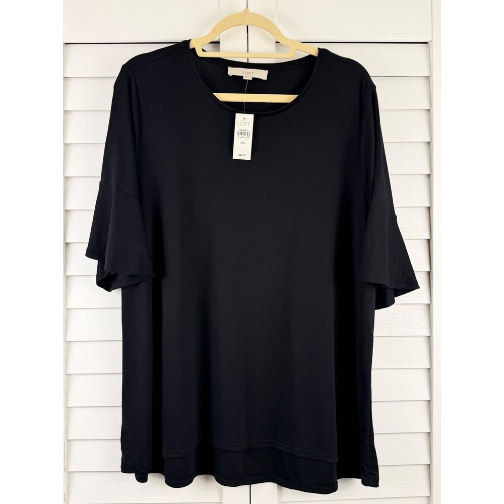 LOFT Top XXL Black Flutter Sleeve Jersey Knit NEW